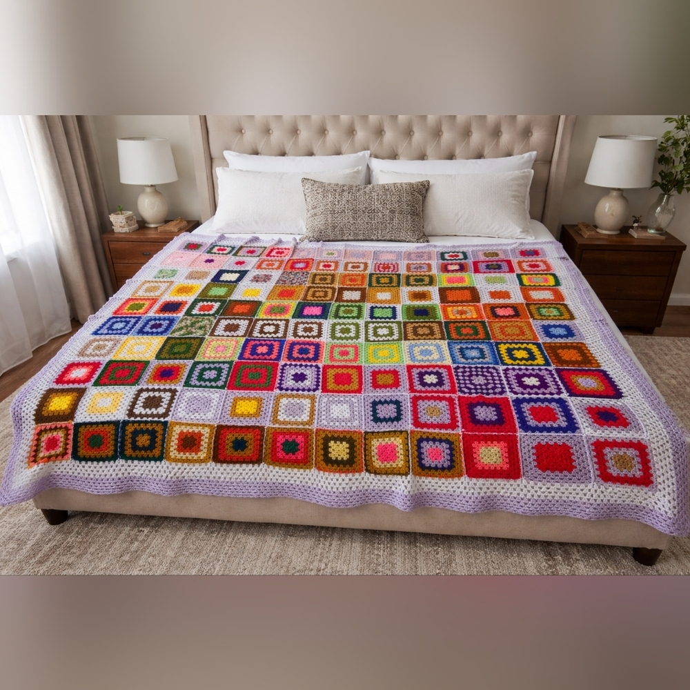 Oversized Handmade Granny Square Crochet Blanket 111x134 Vintage Boho Quilt